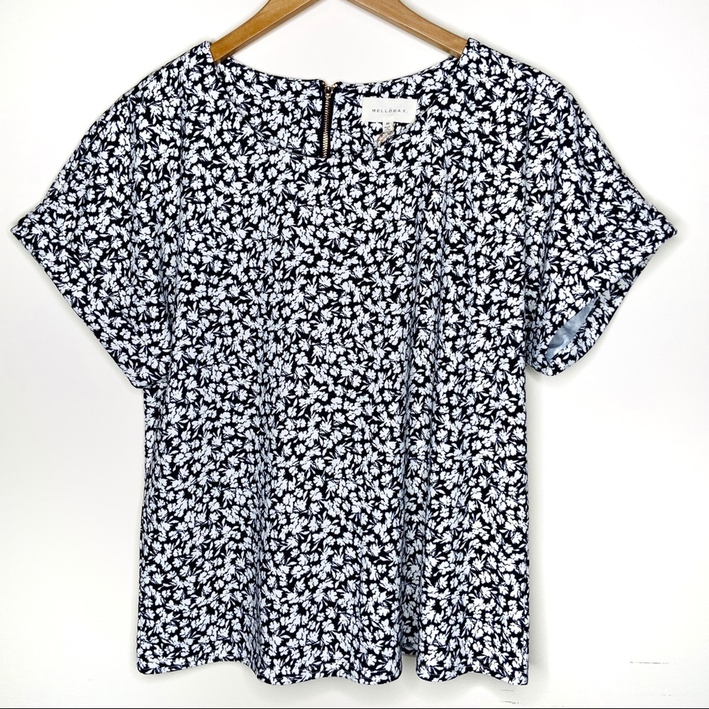 Melloday Black Floral Print Stretch Blouse Top NWT